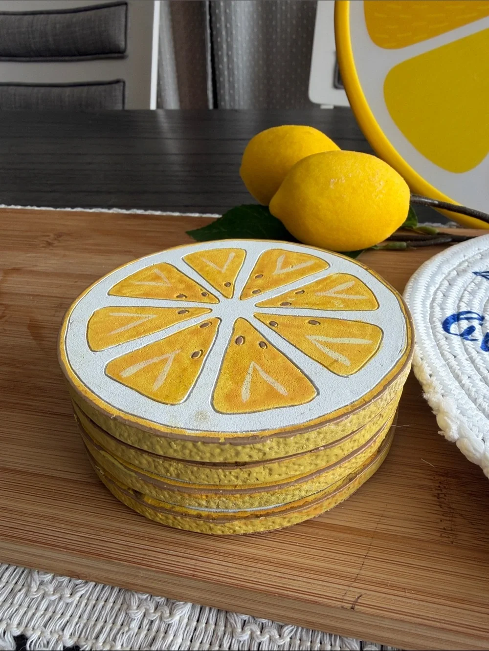 Yellow Lemon-Themed Bundle- Cutting board,trivets, coasters, & butter dish.